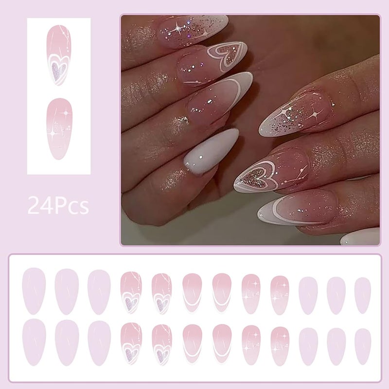ASABITE 24 Pcs Valentine’s Day Press on Nails Almond False Nails Heart Fake Nails with Glitter Design Pink White Full Cover Artificial Nails French Medium Glue on Nails Reusable Stick on Nails for Women - Image 2